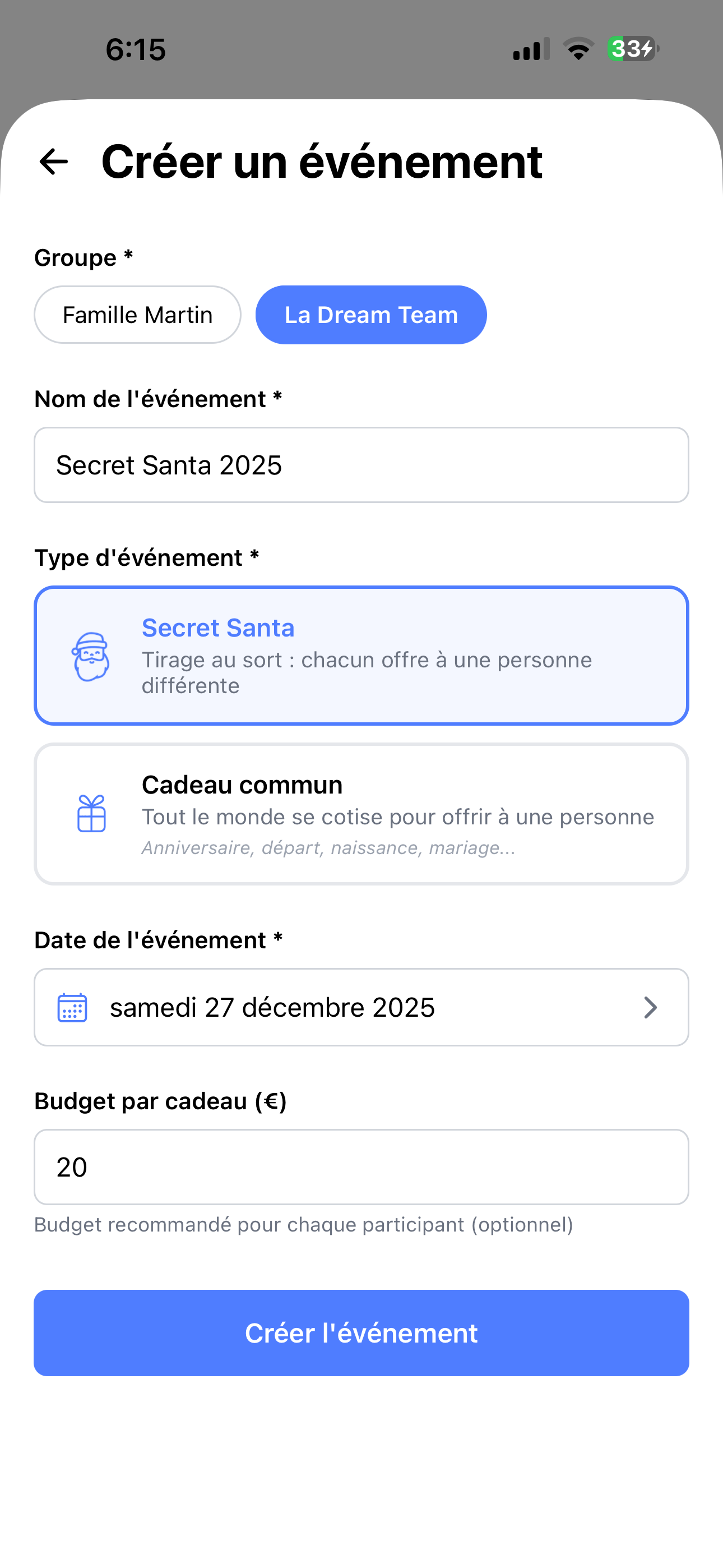 Création d'événement Secret Santa