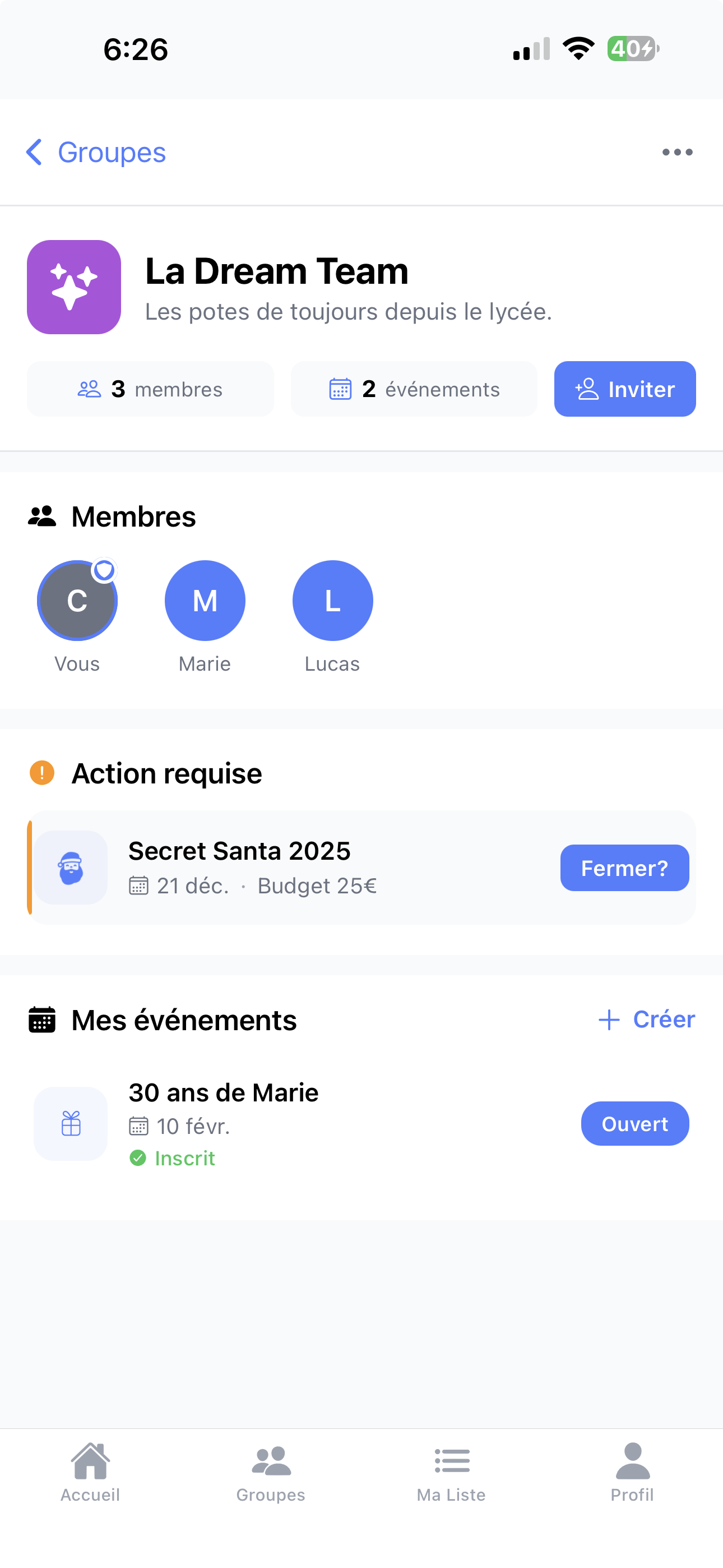 Vue détaillée d'un groupe